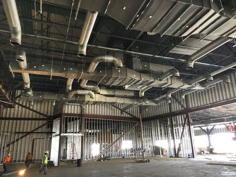 Overhead ductwork in a commercial building under construction