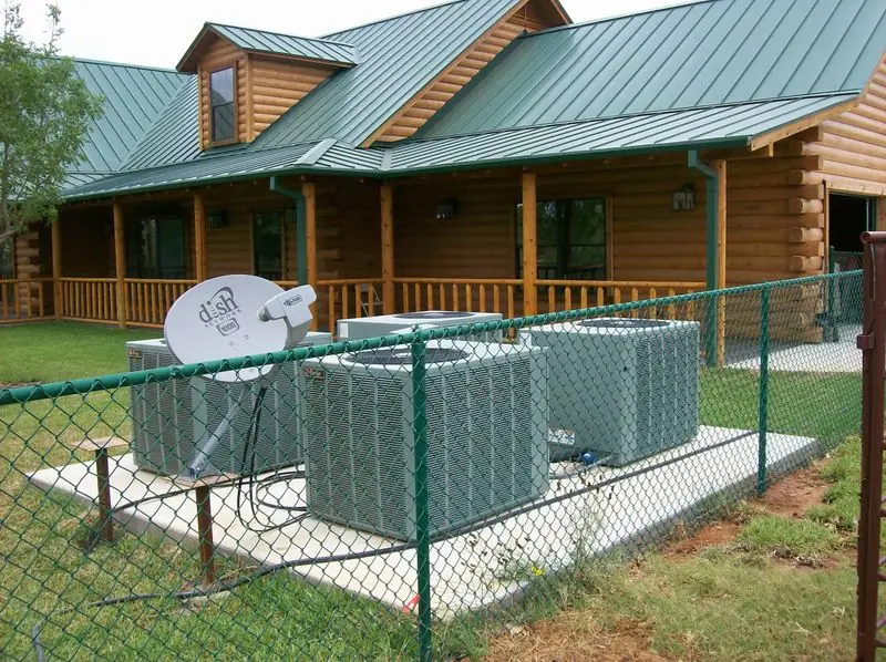 Three outdoor AC units at a log home